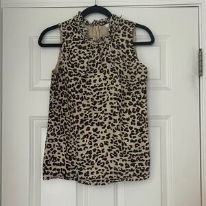 1901 Leopard Print Ruffle Neck Sleeveless Top - Beige & Brown